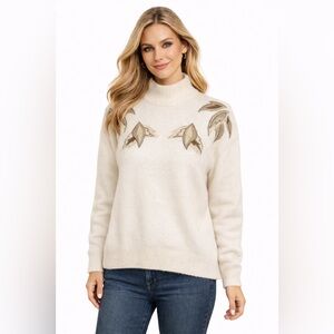Vtg 80s Cream Mock Neck Sweater Leaf Appliqué Soft Cozy Knit Pullover
